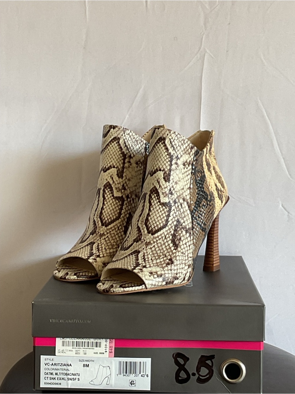 Aritzia Snake-Print Peep-Toe Ankle Boots in Oatmeal and Brown